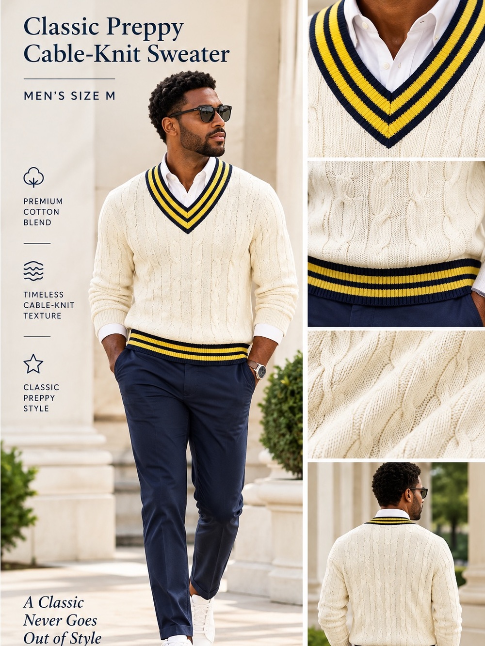 Tommy Hilfiger Cream V-Neck Cable Knit Sweater with Navy & Yellow Trim size med